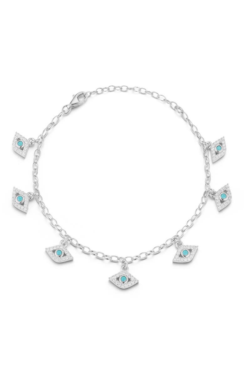 SPHERA MILANO Cubic Zirconia Evil Eye Charm Anklet, Main, color, Silver