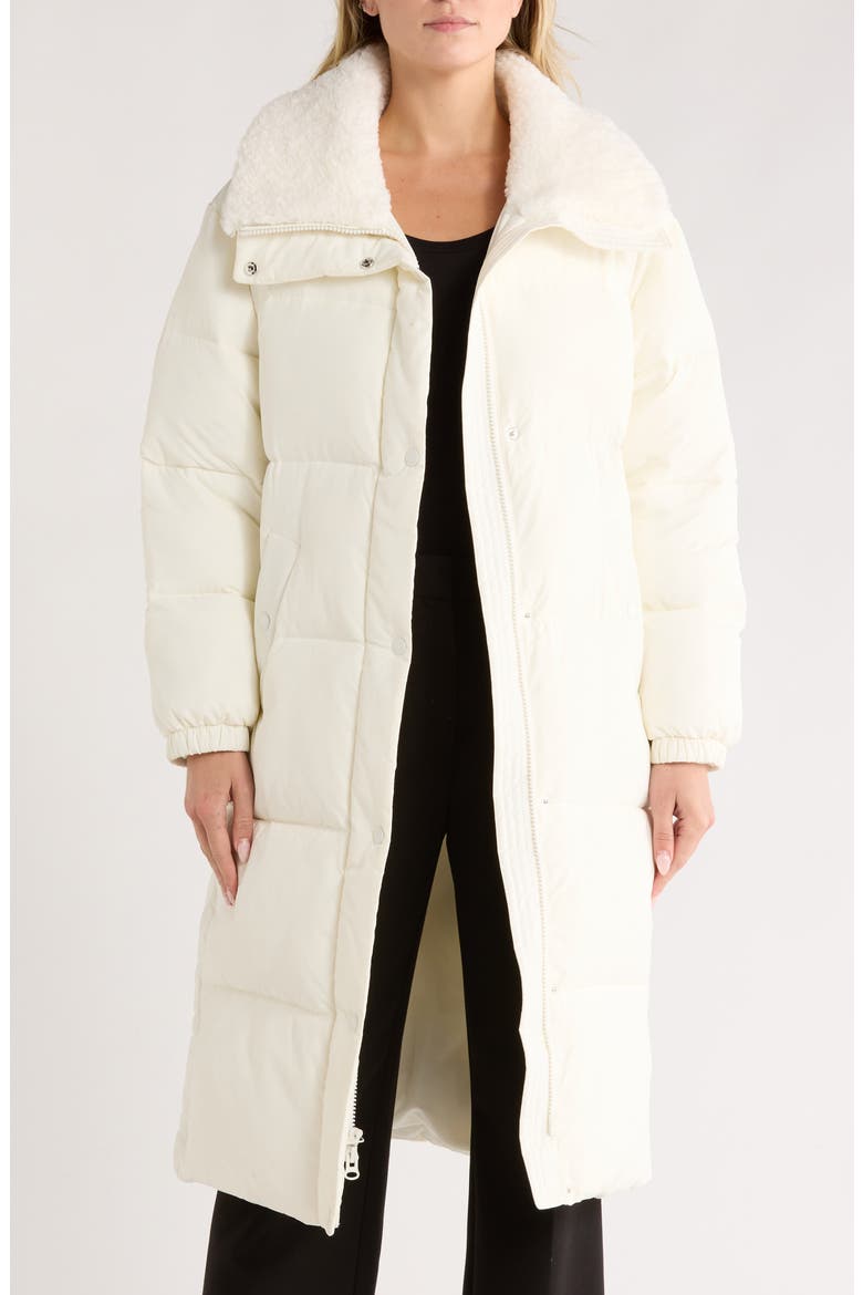 Faux Shearling Collared 450 Fill Power Longline Jacket, Main, color, BONE