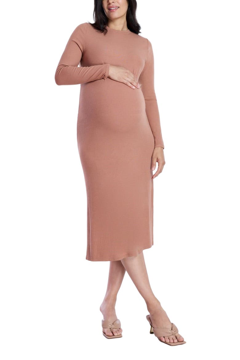 Crew Neck Rib Knit Long Sleeve Column Dress, Main, color, Mocha Mousse