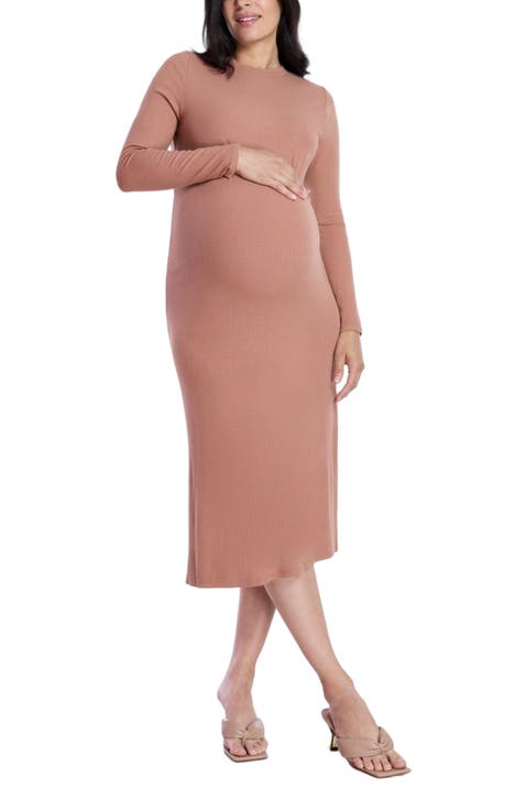 Crew Neck Rib Knit Long Sleeve Column Dress