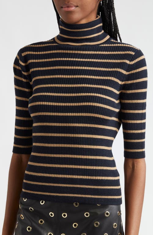 Veronica Beard Katrina Stripe Turtleneck Merino Wool Sweater In Navy Khaki