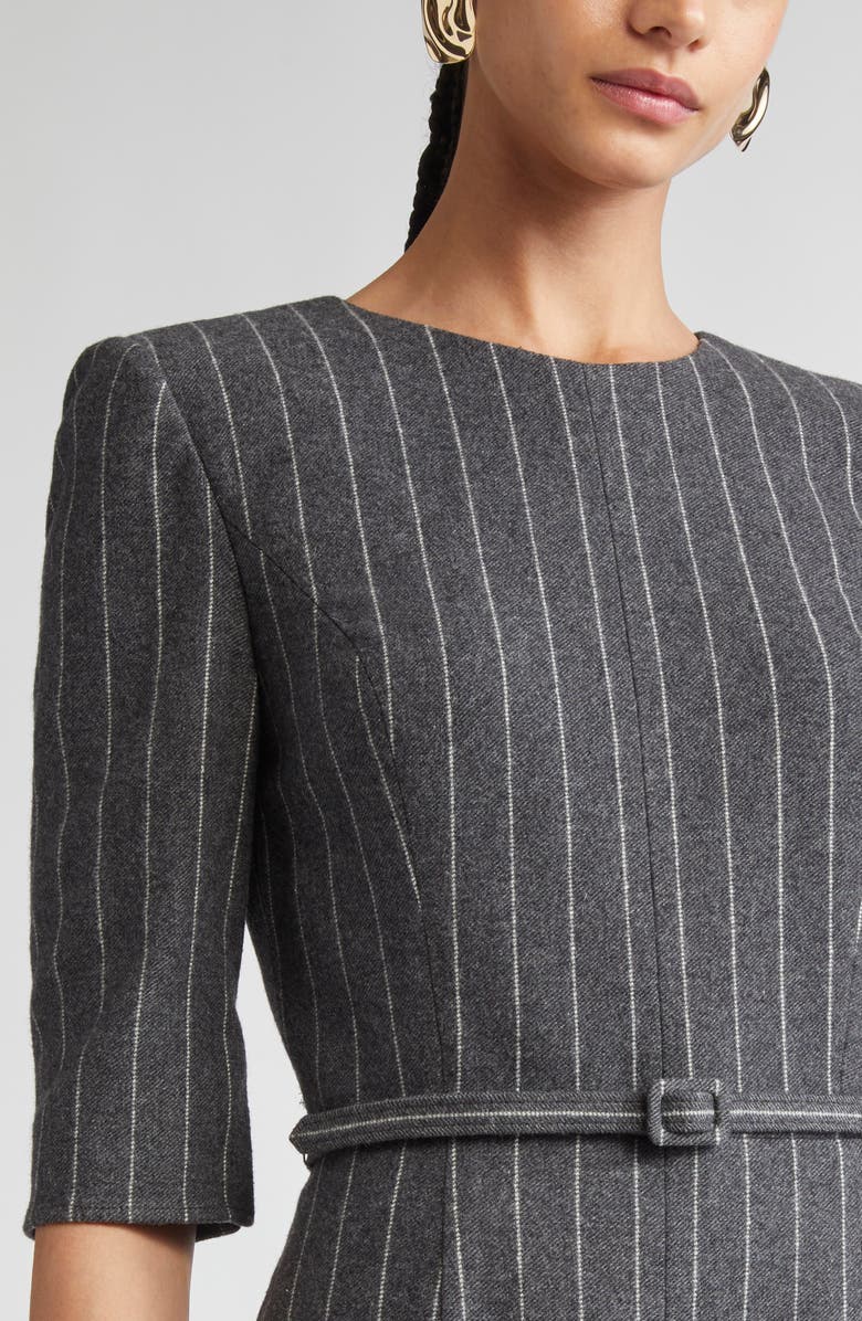 Carolina Herrera Pinstripe Wool Belted Sheath Dress, Alternate, color, Charcoal Grey