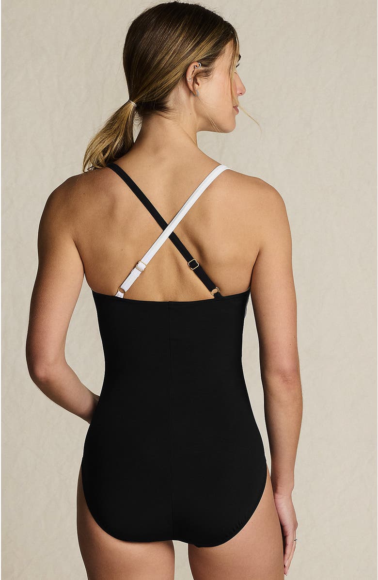 Lands' End Slender Suit V-neck Pleated X-back One Piece Swimsuit Adjustable Straps, Alternate, color, Black/White