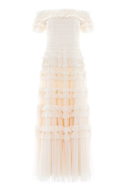 Needle & Thread Lisette Ruffle Off Shoulder Gown In Gold