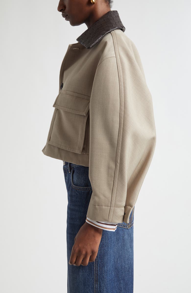 Bottega Veneta Cotton Blend Twill Crop Jacket with Removable Intrecciato Leather Collar, Alternate, color, 