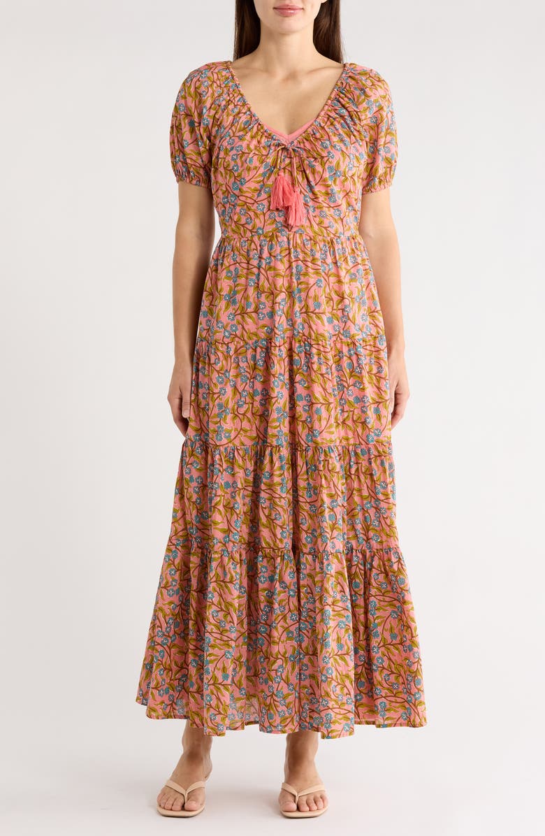 Maisie Short Sleeve Tiered Cotton Midi Dress, Main, color, Pink/ Turquoise