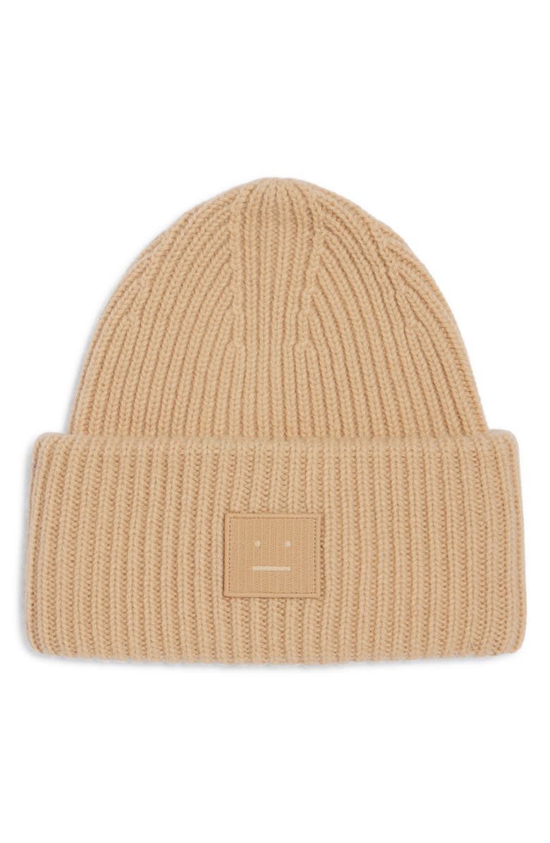 Acne Studios Pansy Face Patch Rib Wool Beanie, Main, color, Biscuit Beige