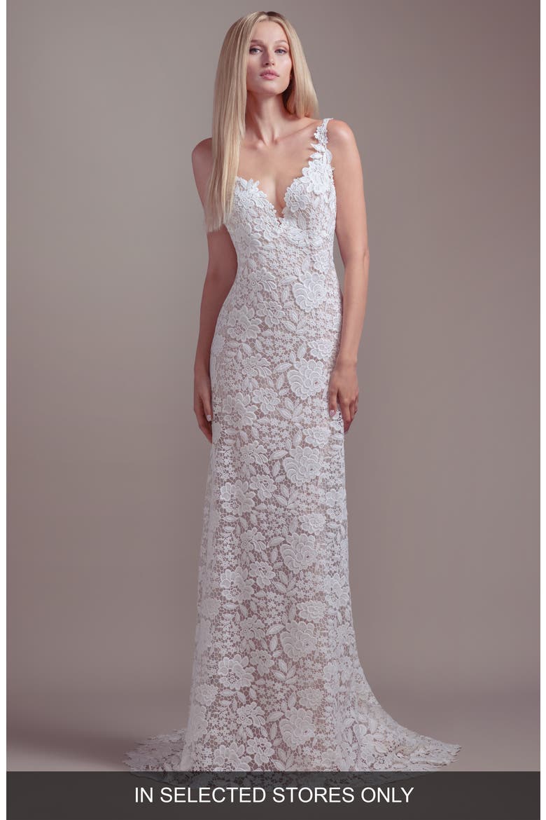 Atlas V-Neck Lace Wedding Dress, Main, color, IVORY
