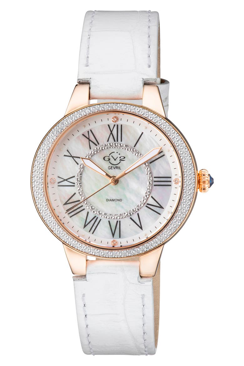 Astor II Swiss Diamond Leather Strap Watch, 36mm - 0.0193 ctw, Main, color, WHITE