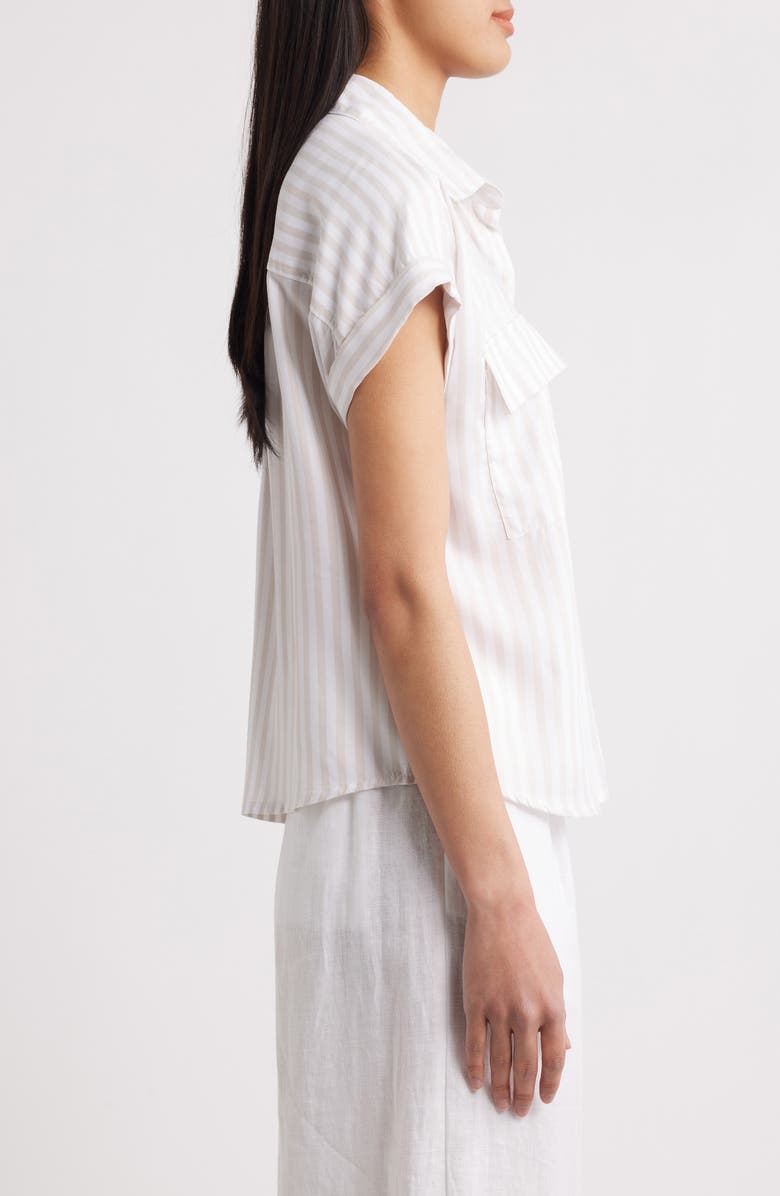 beachlunchlounge Kaiana Stripe Short Sleeve Button-Up Shirt, Alternate, color, Dry Almond