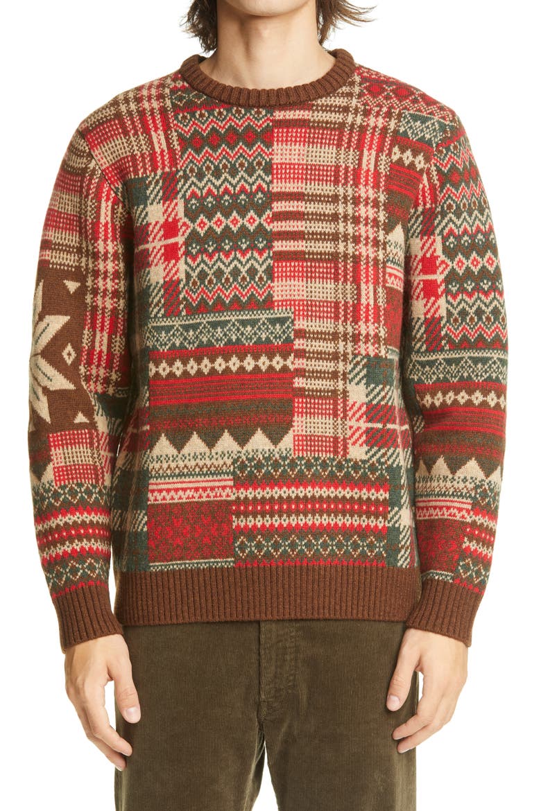 Patchwork Jacquard Wool Blend Sweater, Main, color, BROWN/ RED