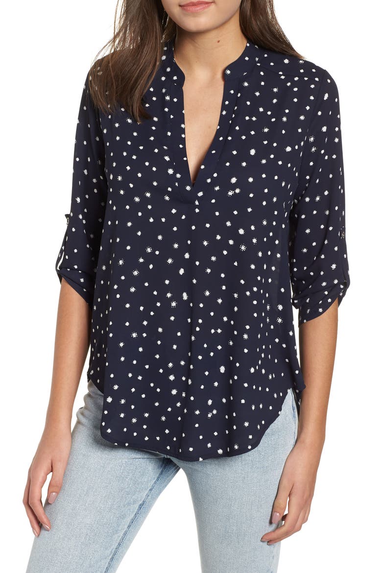 Roll Tab Sleeve Woven Shirt, Main, color, NAVY/ CREAM