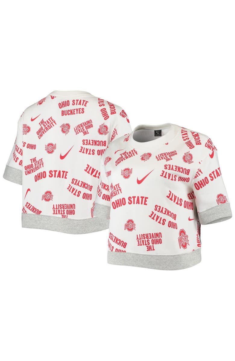 Nike Women's Nike White/Heathered Gray Ohio State Buckeyes Allover Print Trend Cropped Tri-Blend T-Shirt, Main, color, 