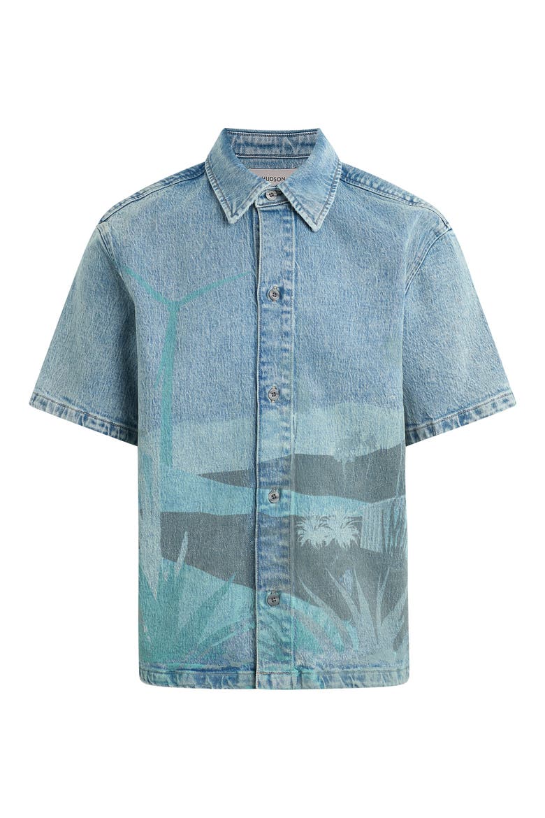Graphic Denim Short Sleeve Button-Up Shirt, Alternate, color, SPRING BREAK