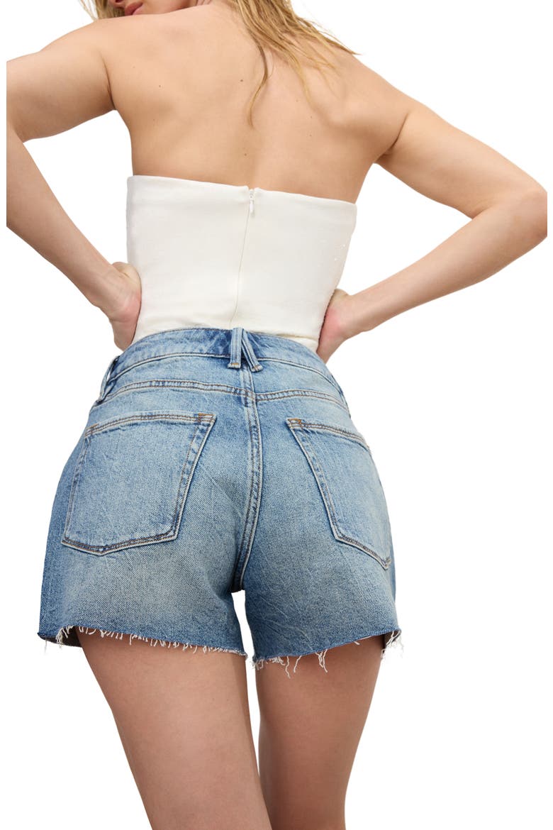 Good Girlfriend Raw Hem Crossover Waist Denim Shorts, Alternate, color, INDIGO804