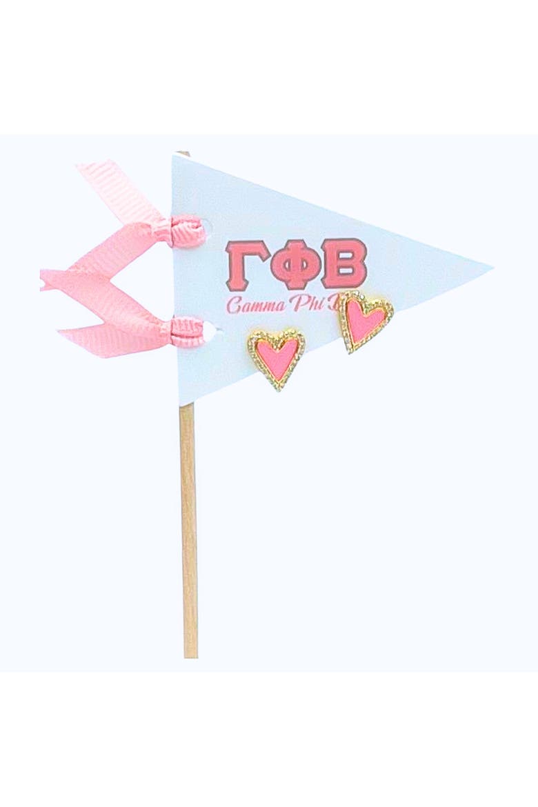 Gamma Phi Beta Heart Stud Enamel Earrings on Sorority Pennant Flag, Main, color, Yellow Gold