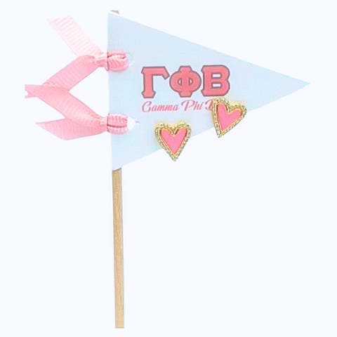Gamma Phi Beta Heart Stud Enamel Earrings on Sorority Pennant Flag