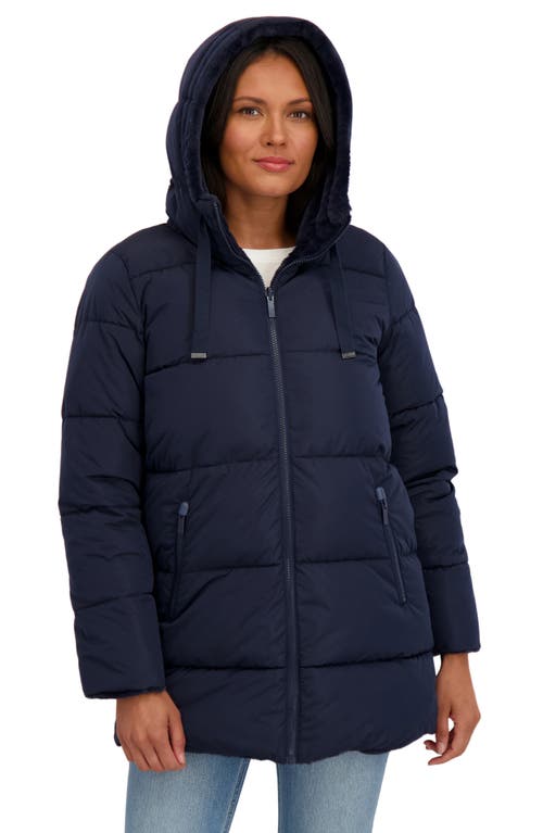 Sebby Faux Fur Reversible Hooded Puffer Jacket In Blue