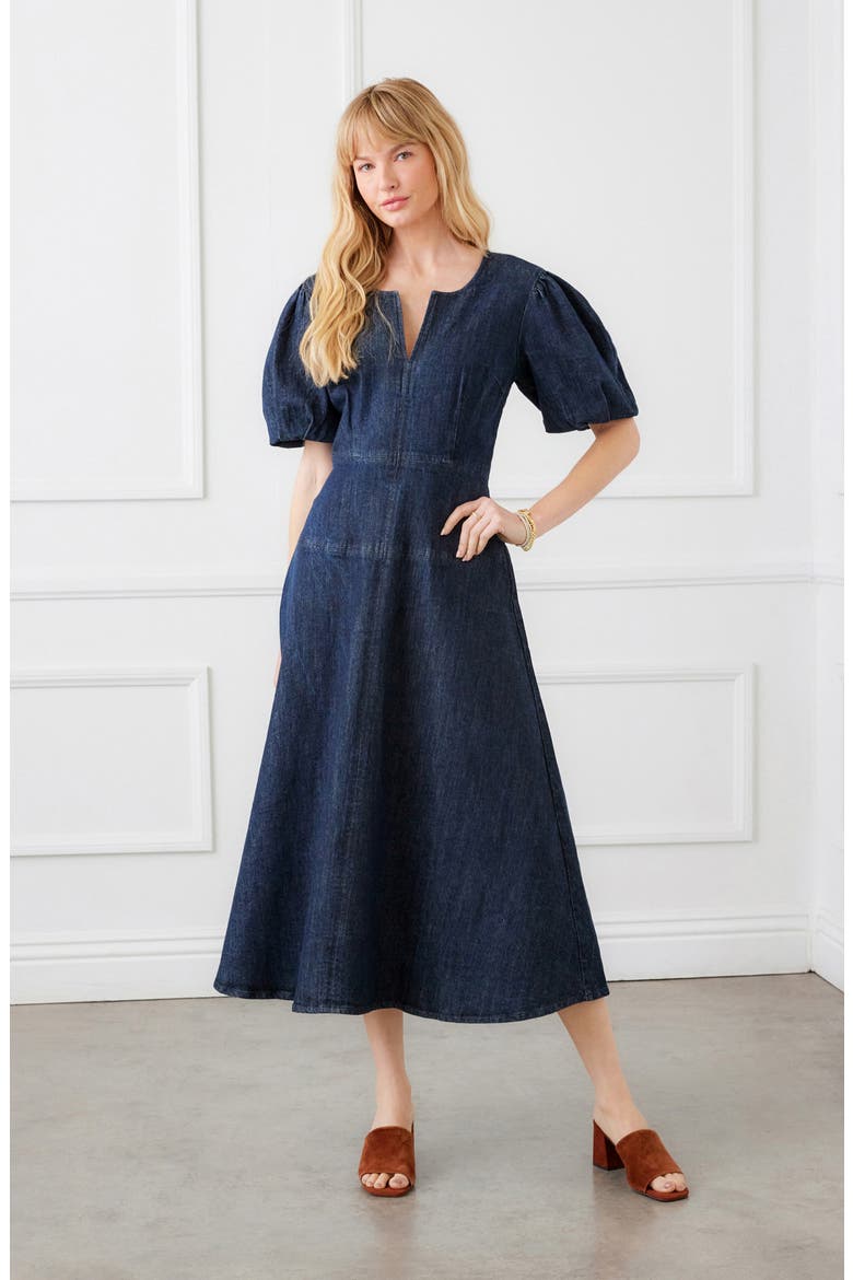 Denim Puff Sleeve A-Line Dress, Alternate, color, DENIM
