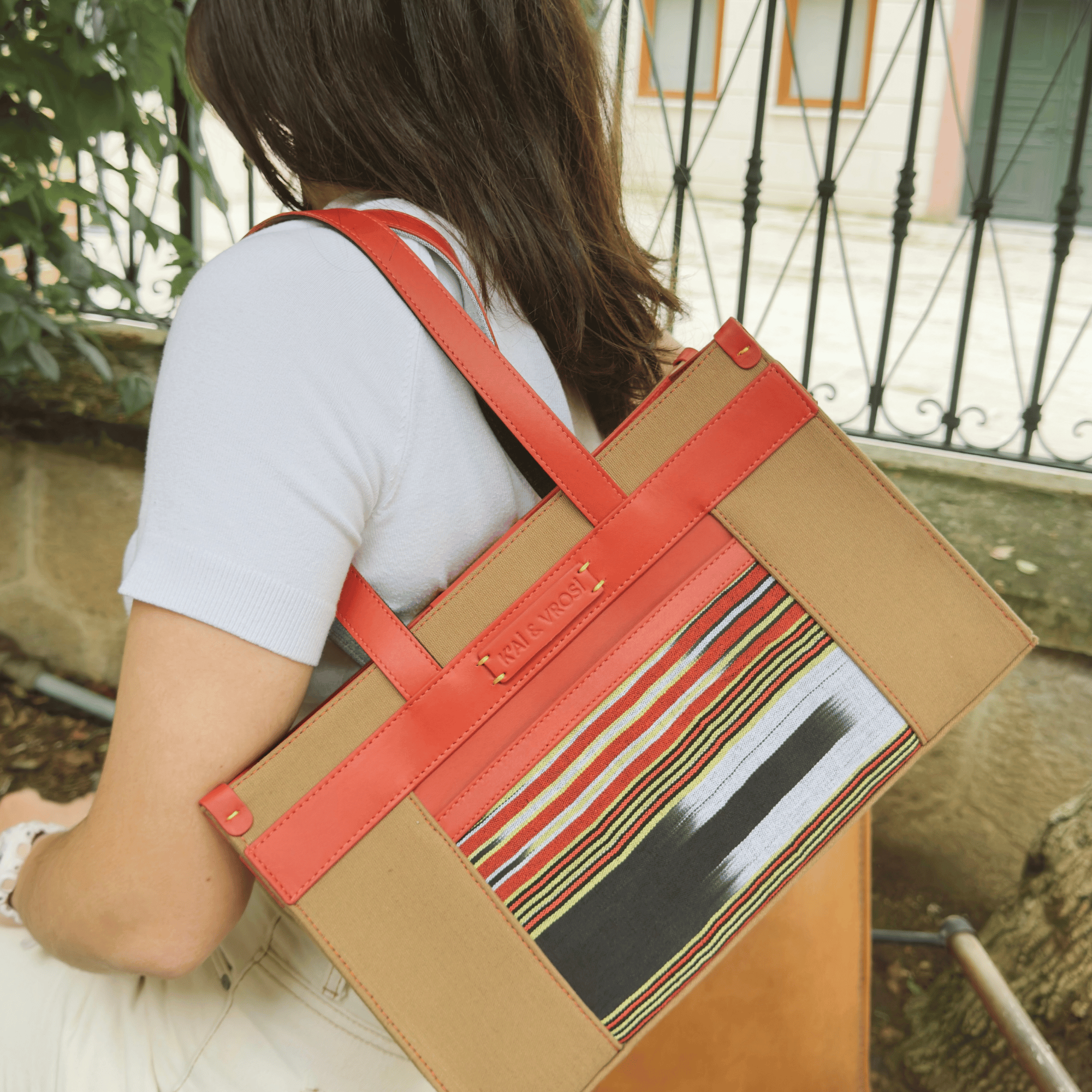 Midi Leather & Canvas Tote Bag with Pockets, Alternate, color, Red