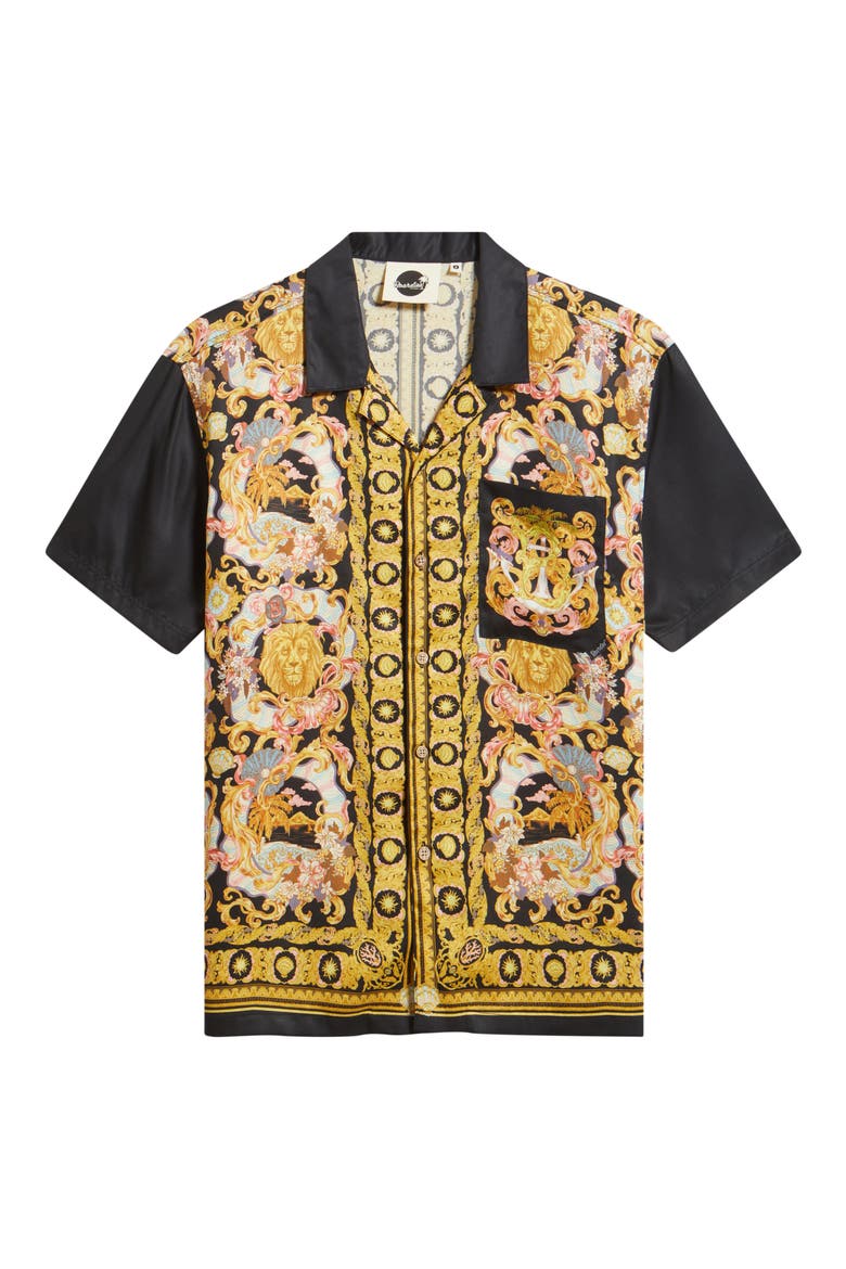 Baroque Print Camp Shirt, Alternate, color, BLACK