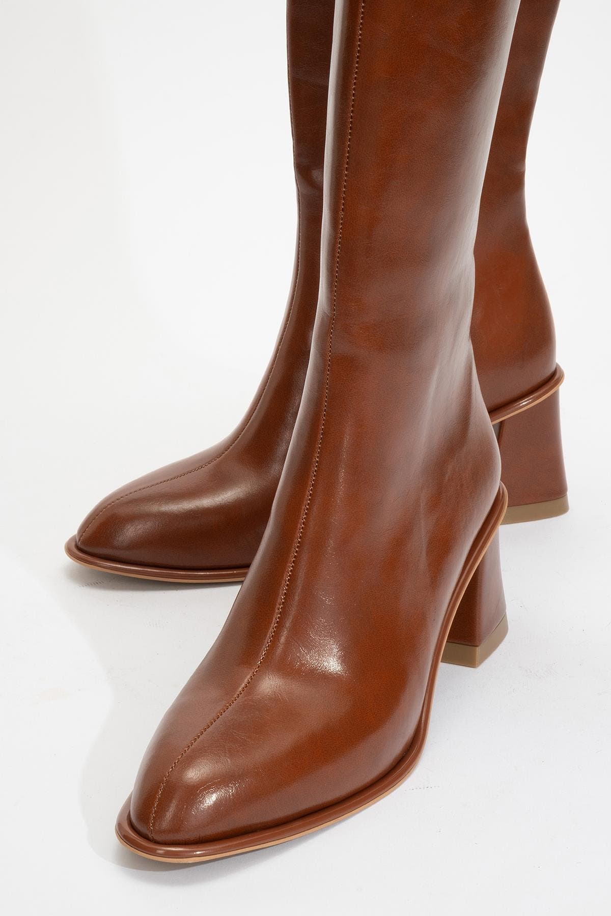 Paradis Block Heel Knee High Boot, Alternate, color, Cognac Faux Leather