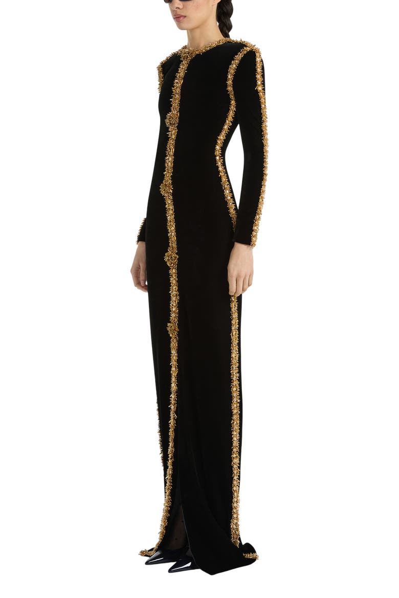 Long Velvet Dress with Embroidered Trim, Main, color, black