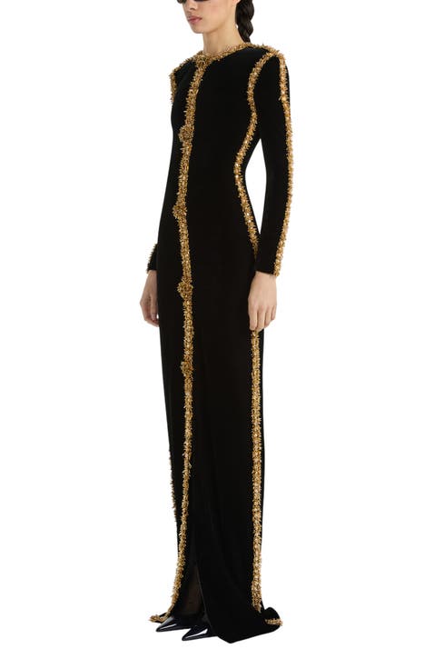 Long Velvet Dress with Embroidered Trim