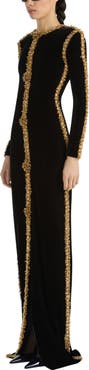Balmain Long Velvet Dress with Embroidered Trim