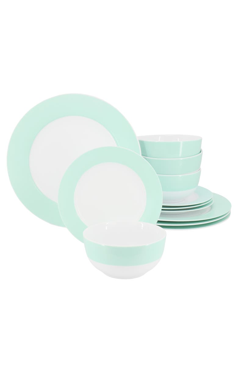 MARTHA STEWART 12 Piece Banded Fine Ceramic Dinnerware Set, Main, color, Baby Blue
