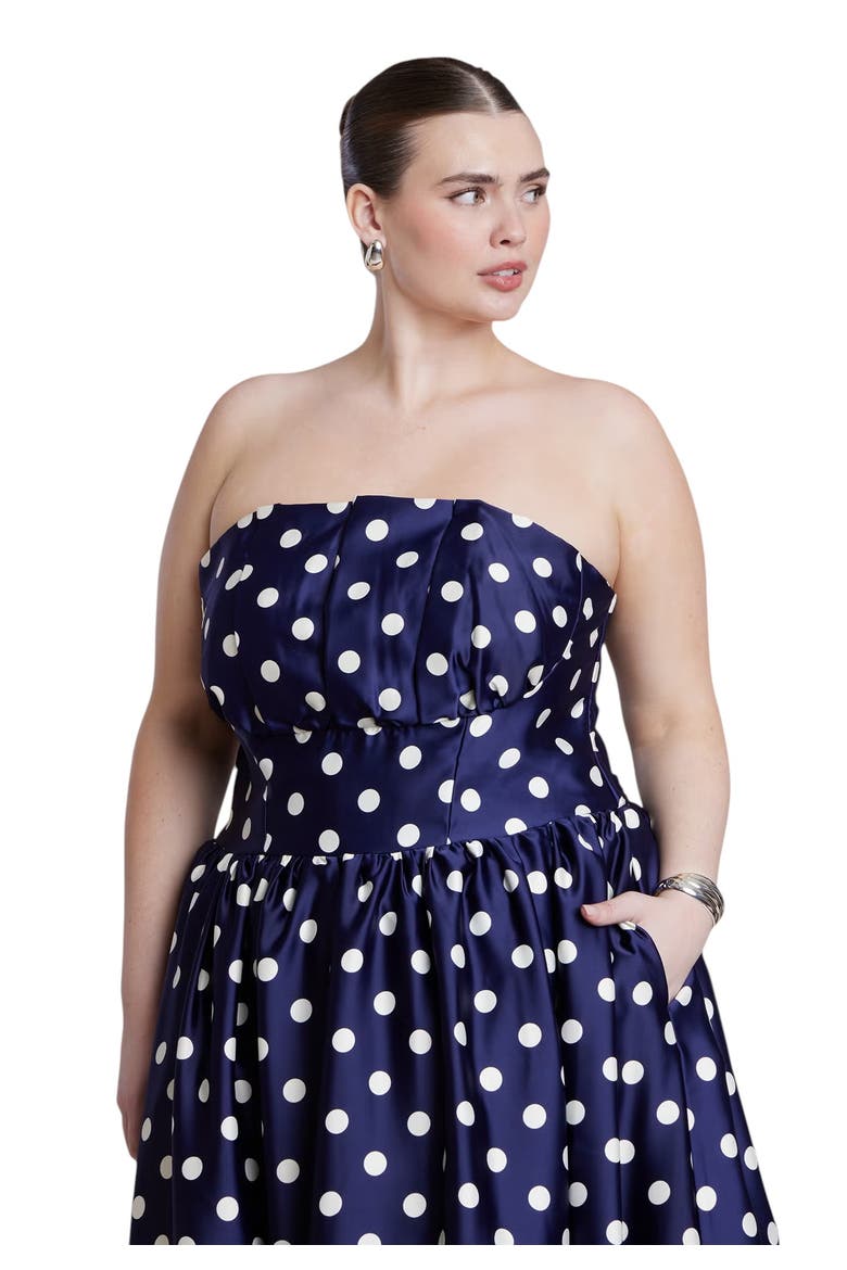 Strapless Polka Dot Flare Midi Dress, Alternate, color, EVENING DOT