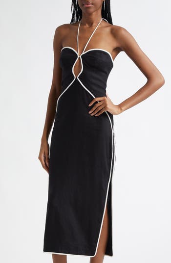 Contrast Detail Center Cutout Linen Blend Midi Dress