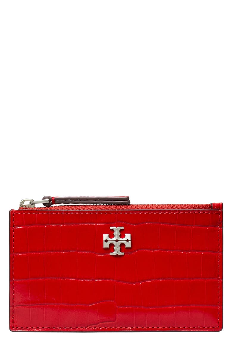 Kira Croc Texture Leather Zip Card Case, Main, color, RED SKY