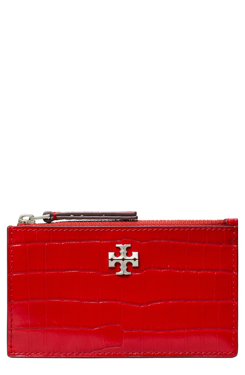 Tory Burch Kira Croc Texture Leather Zip Card Case, Main, color, Red Sky
