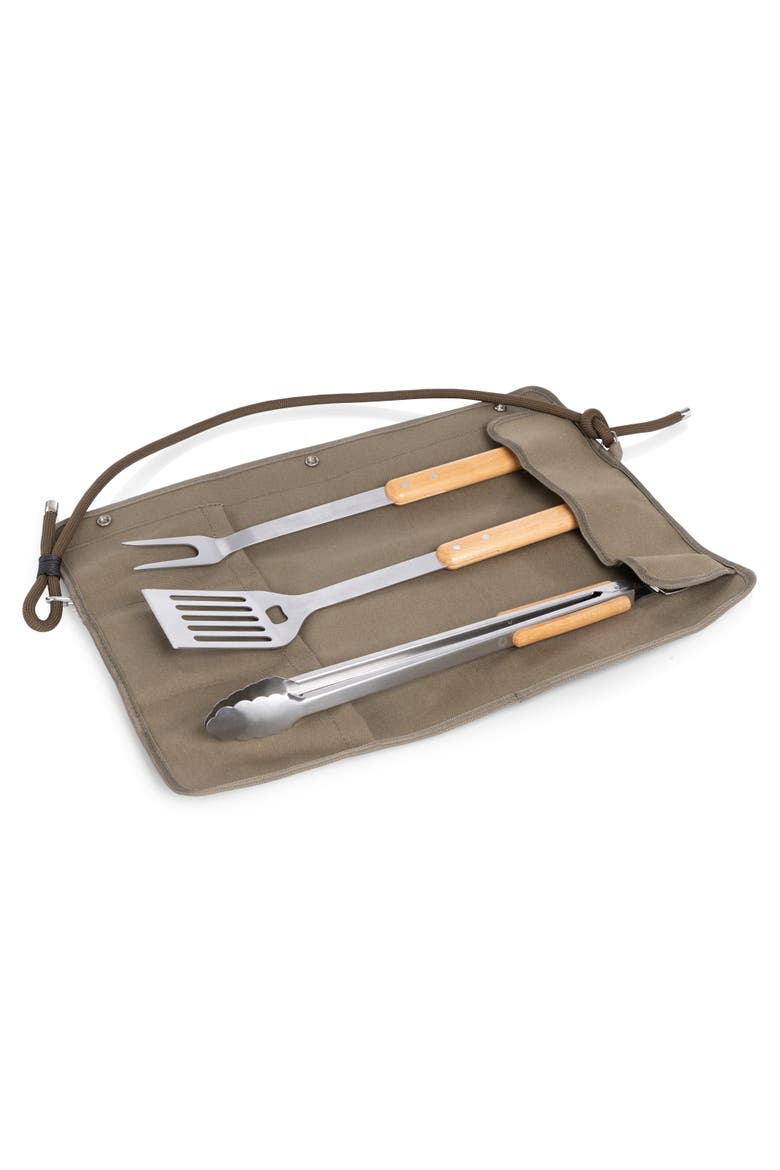 BBQ Roll Up 3 Piece Set - Green Canvas with Beechwood Tools, Alternate, color, Green
