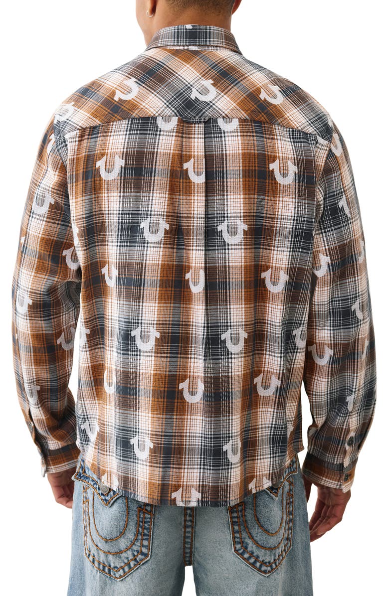 True Religion Embroidered Plaid Cotton Flannel Shirt, Alternate, color, Sandstorm Chipmunk Midnight