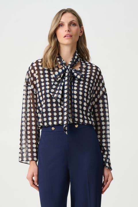 Chiffon Geometric-Print Tie-Neck Blouse