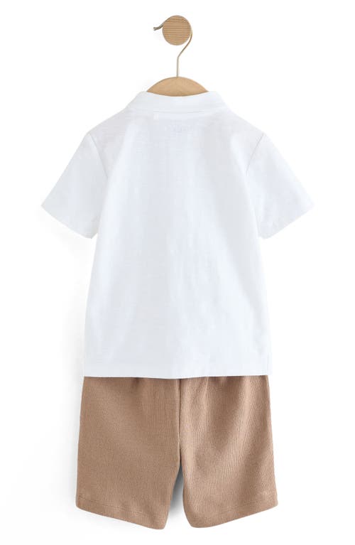 Next Kids' Beach Embroidered Cotton Polo & Knit Shorts Set In White/khaki