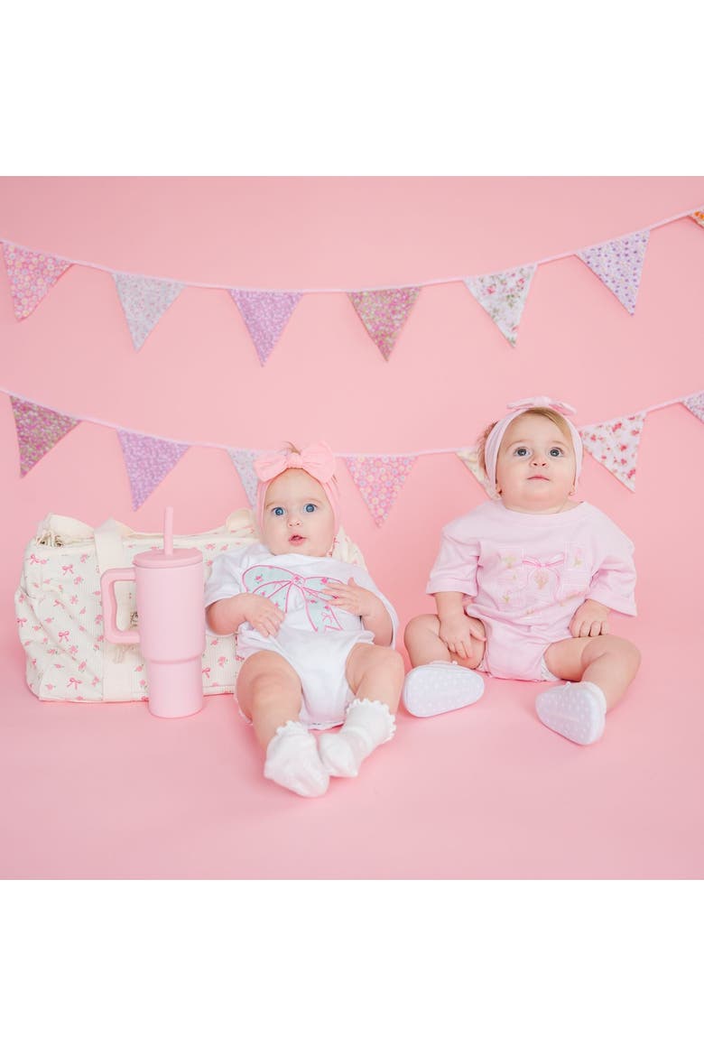 Bouquet Bow Short Sleeve Romper, Alternate, color, Ballet Pink