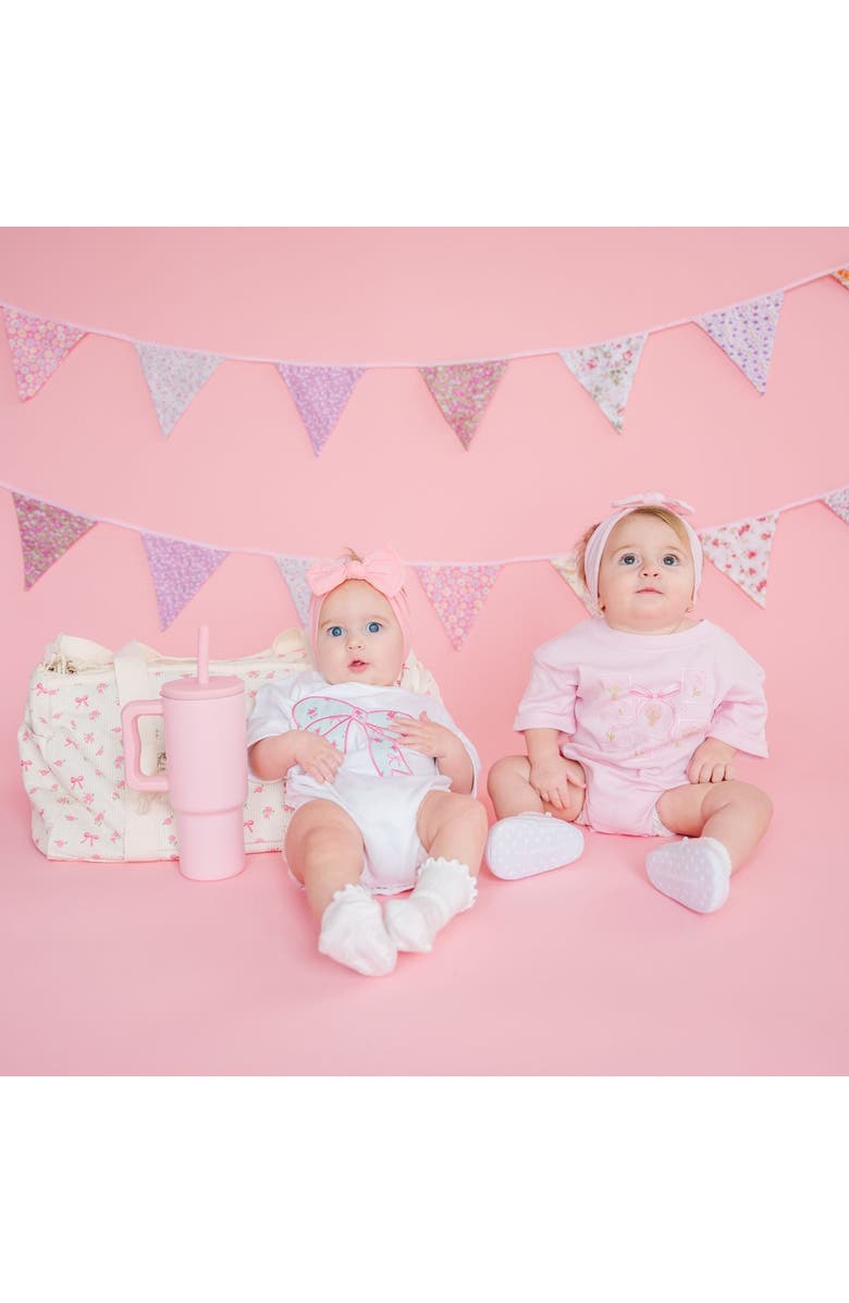 Sweet Wink Bouquet Bow Short Sleeve Romper, Alternate, color, Ballet Pink