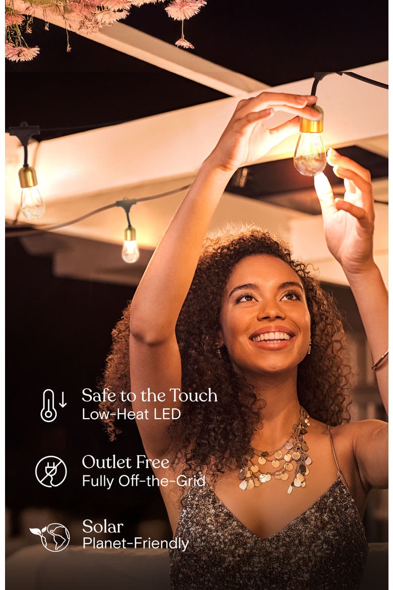 48 ft, 15 light Solar Powered Heavy Duty LED Outdoor String Lights, Gold Accent Brass Socket, Weatherproof Bulbs, Alternate, color, 28 ft 12 Bulbs | Warm White