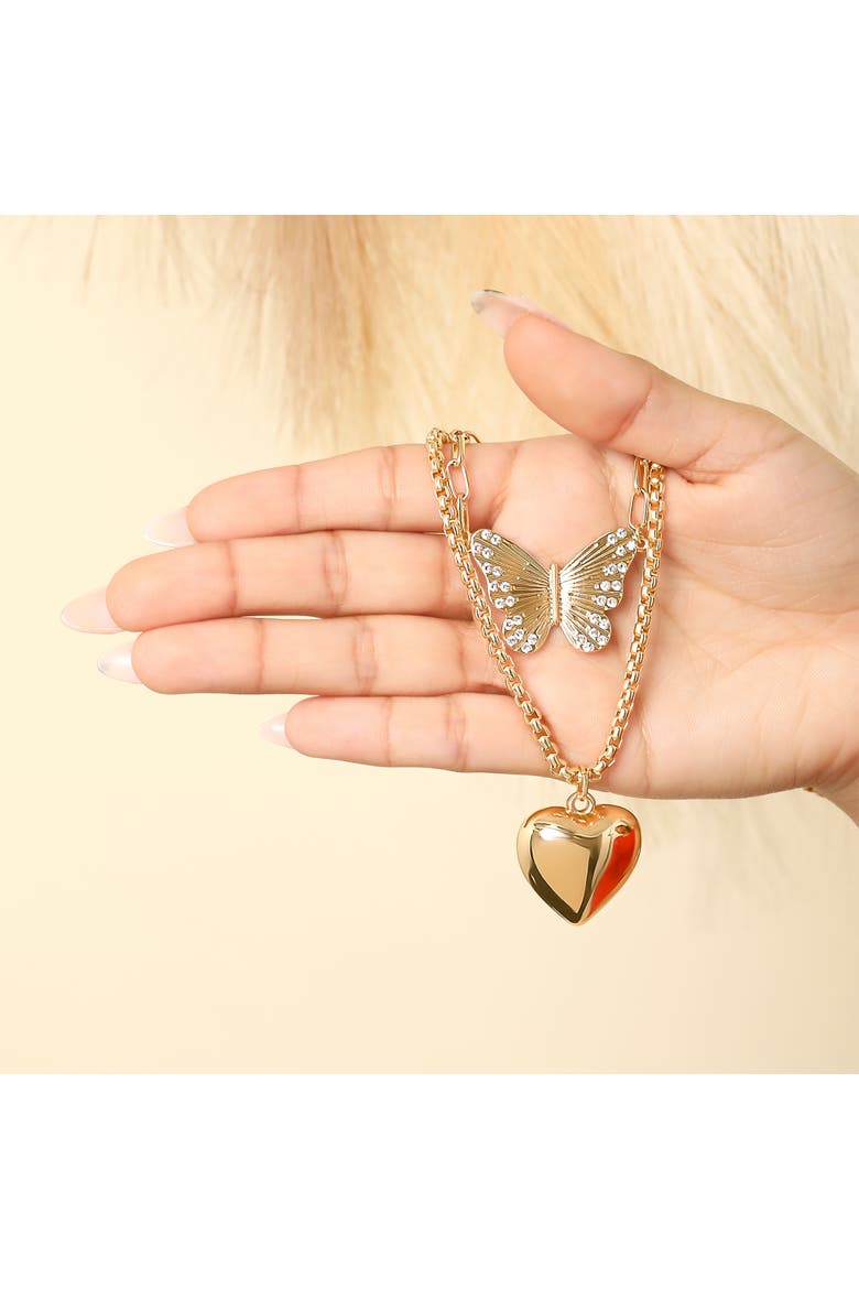 Butterfly and Heart Layered Necklace, Alternate, color, Gold