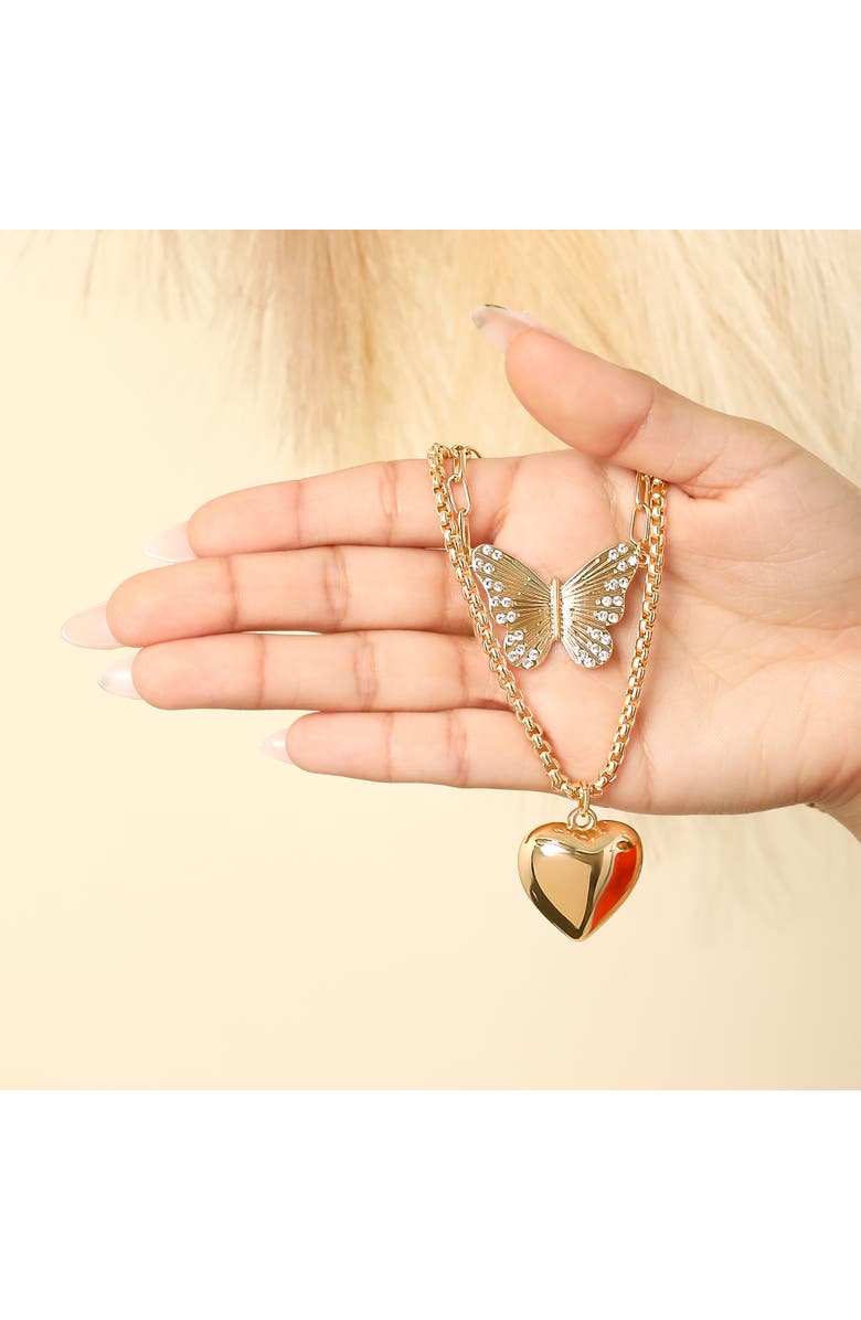 Jessica Simpson Butterfly and Heart Layered Necklace, Alternate, color, Gold