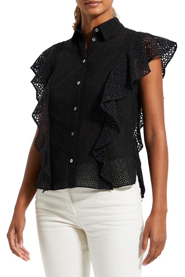 Nova Flutter Sleeve Eyelet Cotton Blouse, Alternate, color, BLACK