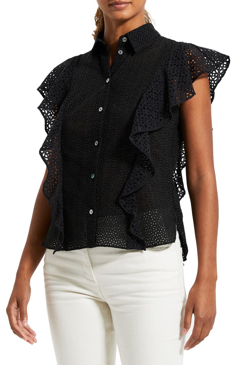 Theory Nova Flutter Sleeve Eyelet Cotton Blouse, Alternate, color,