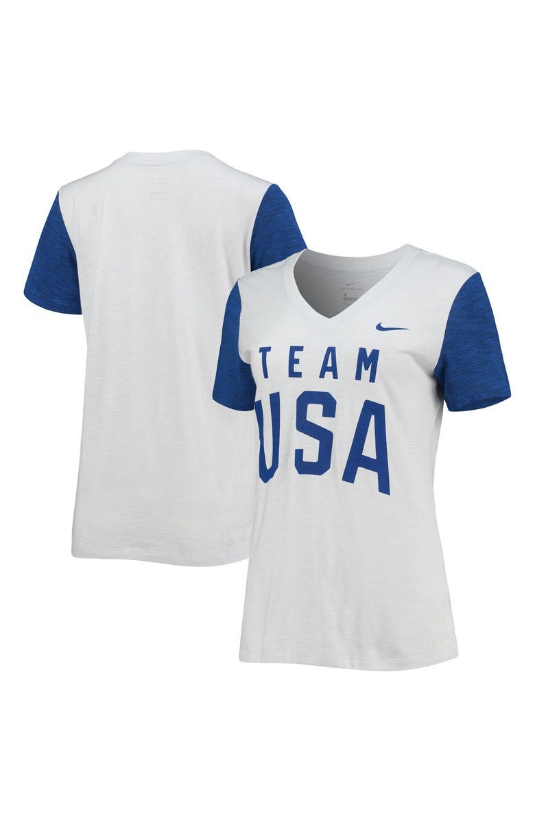 Nike Women's Nike White/Royal Team USA Performance Cotton Slub Colorblock V-Neck T-Shirt, Alternate, color, 