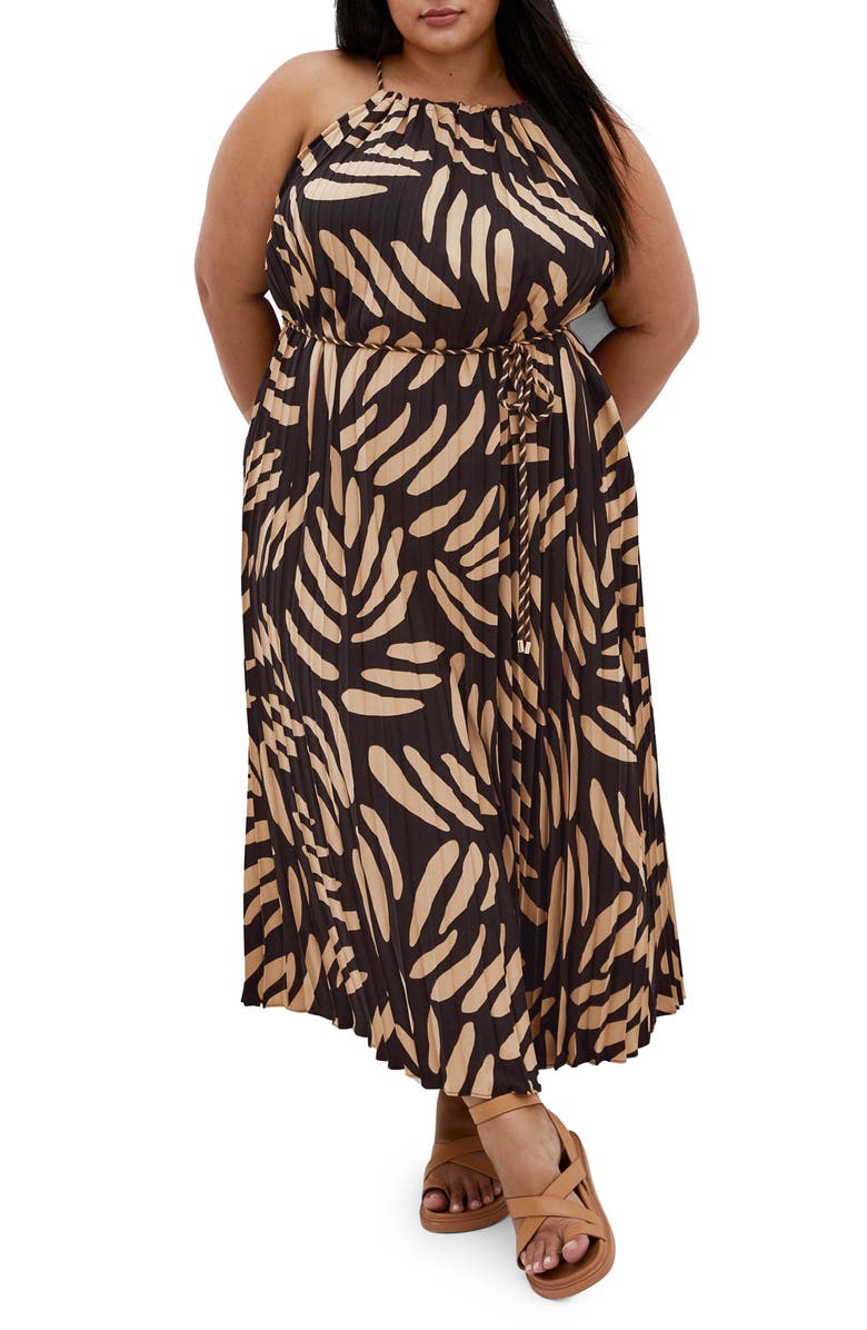 City Chic Tatum Pleated Tie Waist Dress, Main, color, Taupe/ Blk