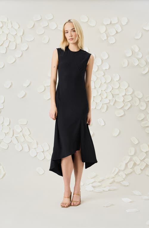 Luxely Beach Crepe Asymmetric Midi Dress In Black