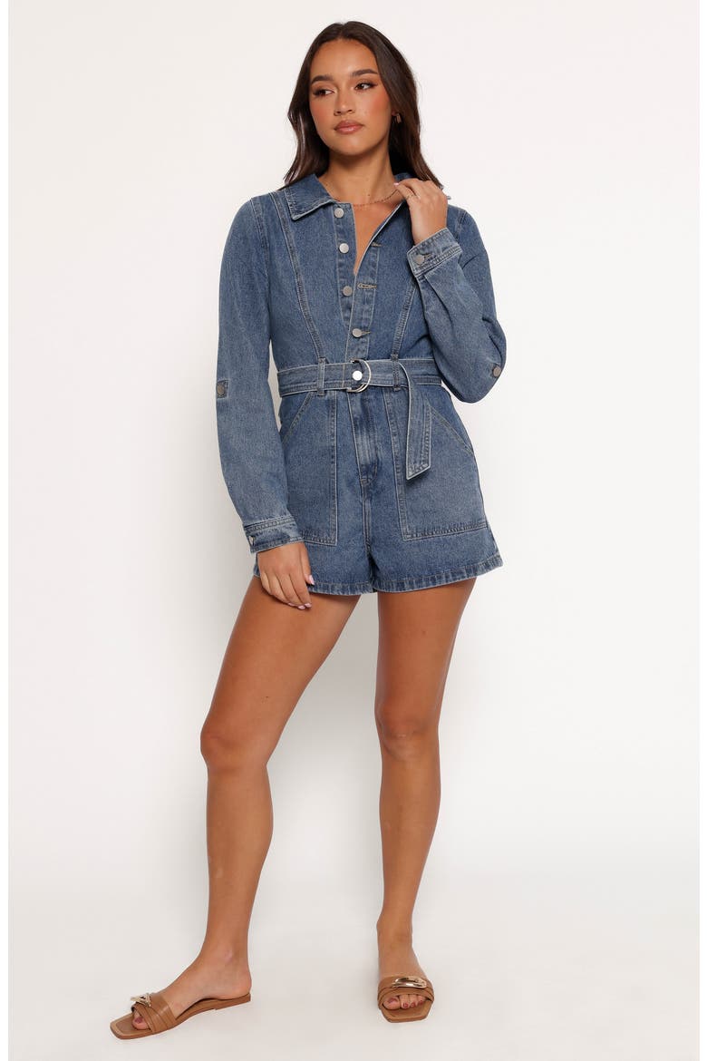 Brady Belted Denim Long Sleeve Romper, Alternate, color, BLUE