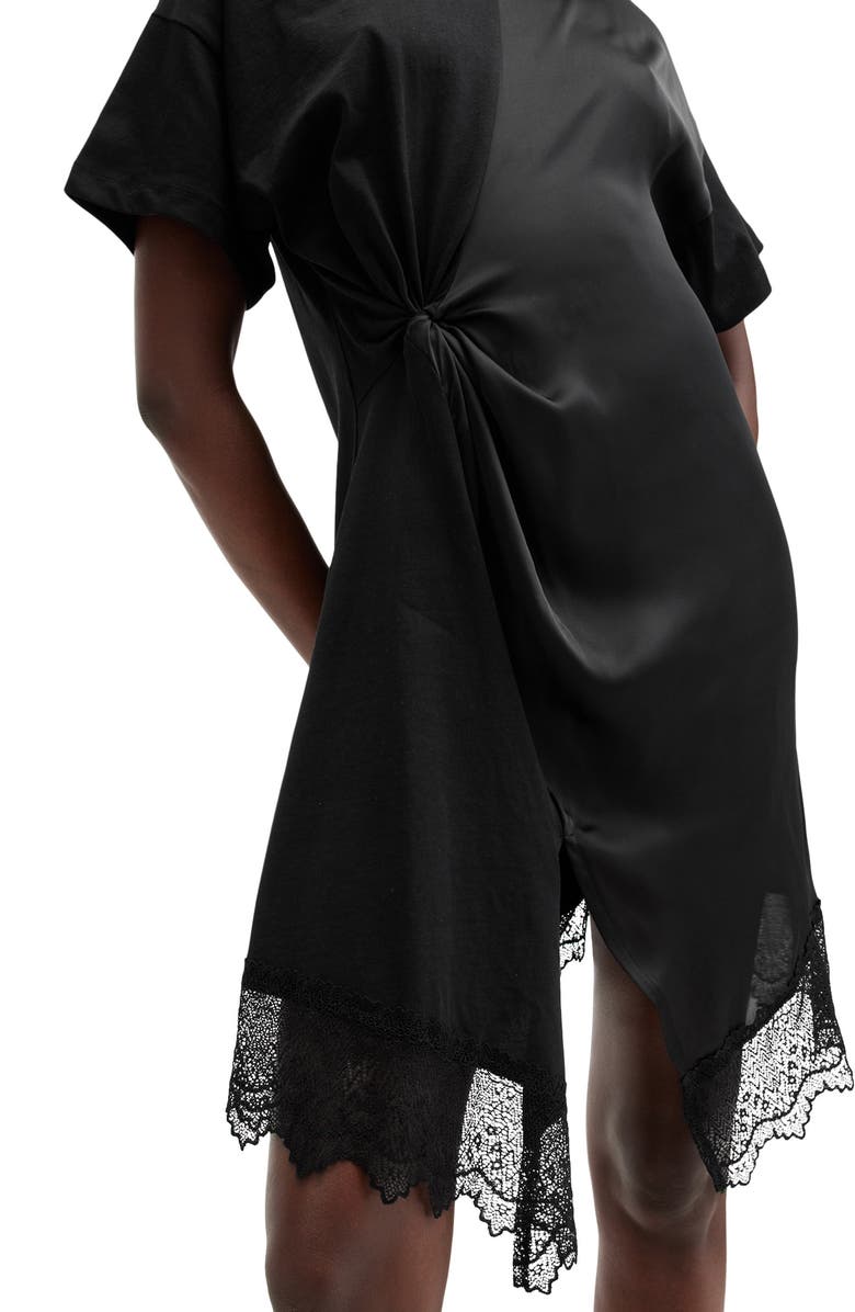 AllSaints Lana Mixed Media Lace Trim T-Shirt Minidress, Alternate, color, Black